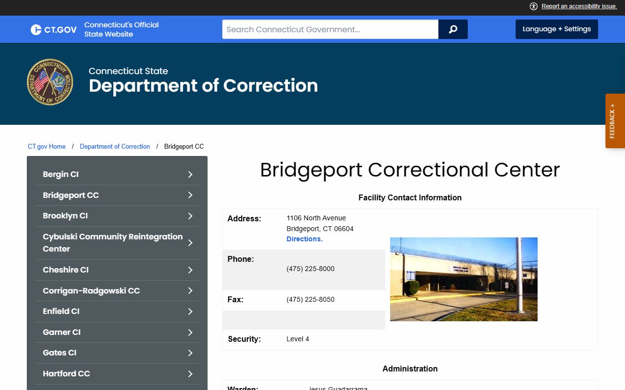 CT DOC Bridgeport Correctional Center page showing inmate custody and facility information serving Danbury County