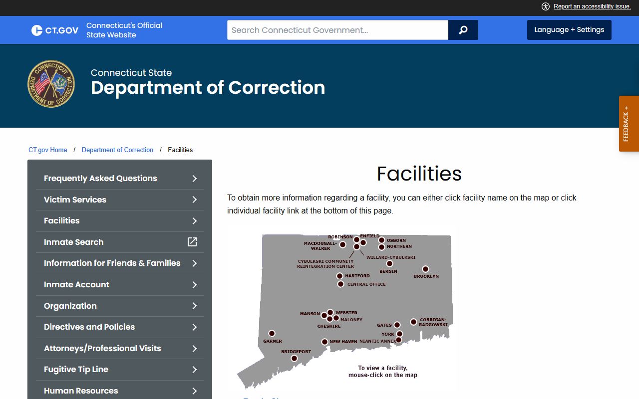 CT DOC facilities map and list page showing the state institutions that hold the Danbury area inmate population
