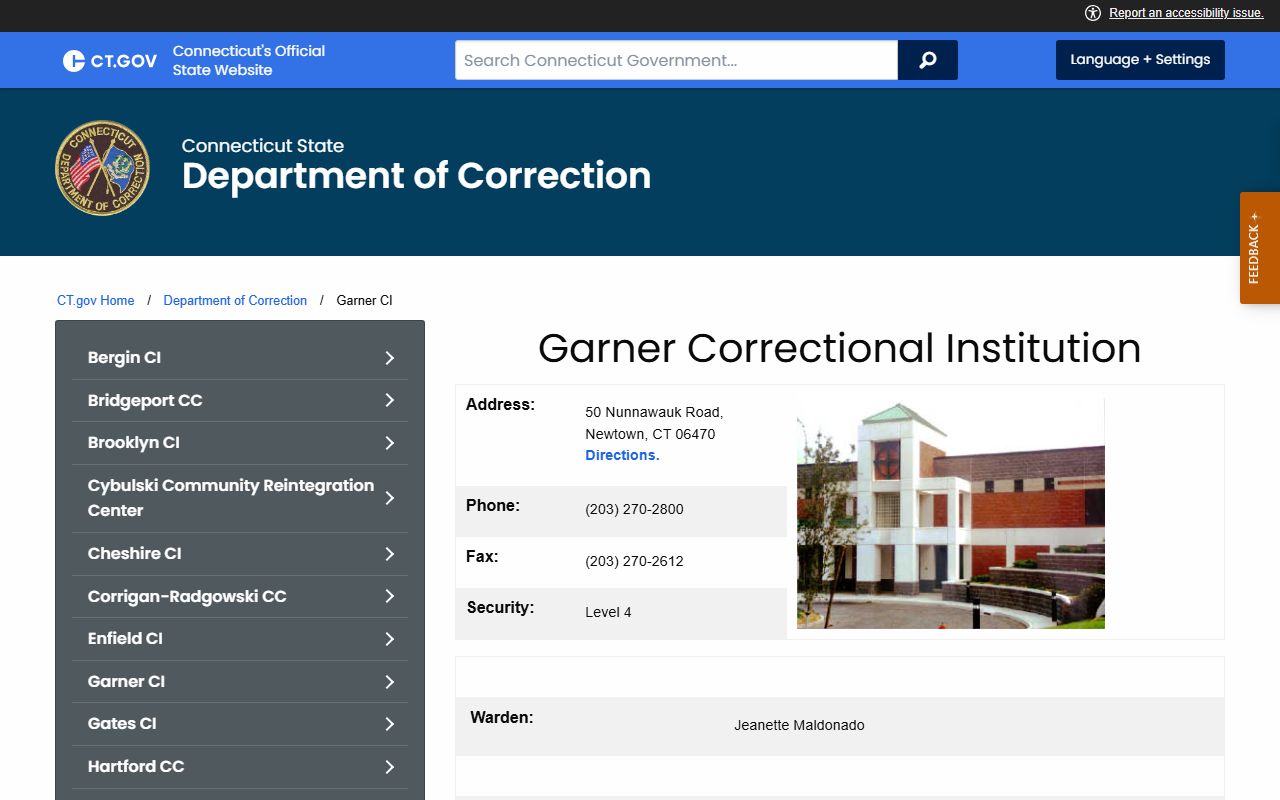 CT DOC Garner Correctional Institution page used to confirm inmate custody and lookup details near Danbury