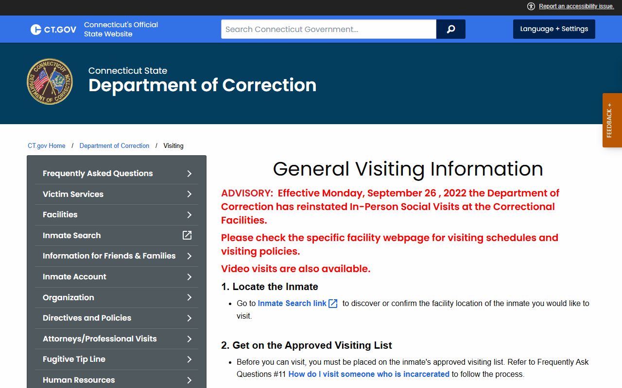 CT DOC general visiting rules page explaining approval and ID steps for Garner Correctional Institution inmate visits