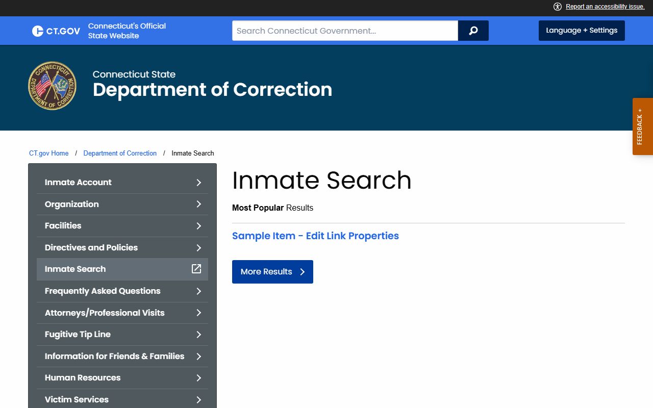 CT DOC inmate search entry page used to look up the Danbury area inmate population in state custody