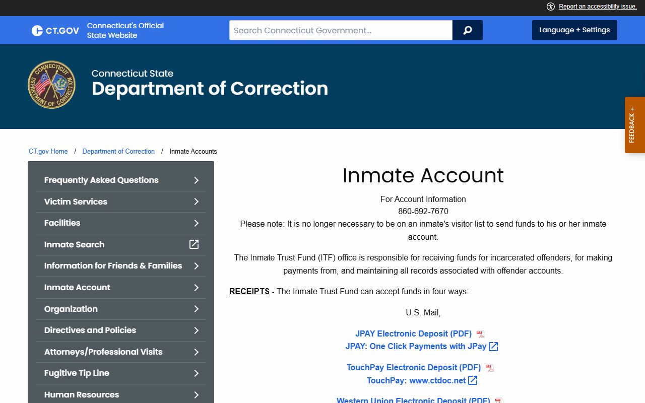 CT DOC inmate trust account deposit page used to send money to Bridgeport Correctional Center inmates in custody