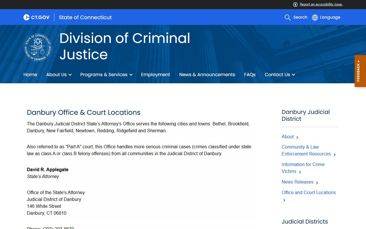 Danbury County State's Attorney office page showing court records and prosecution contacts