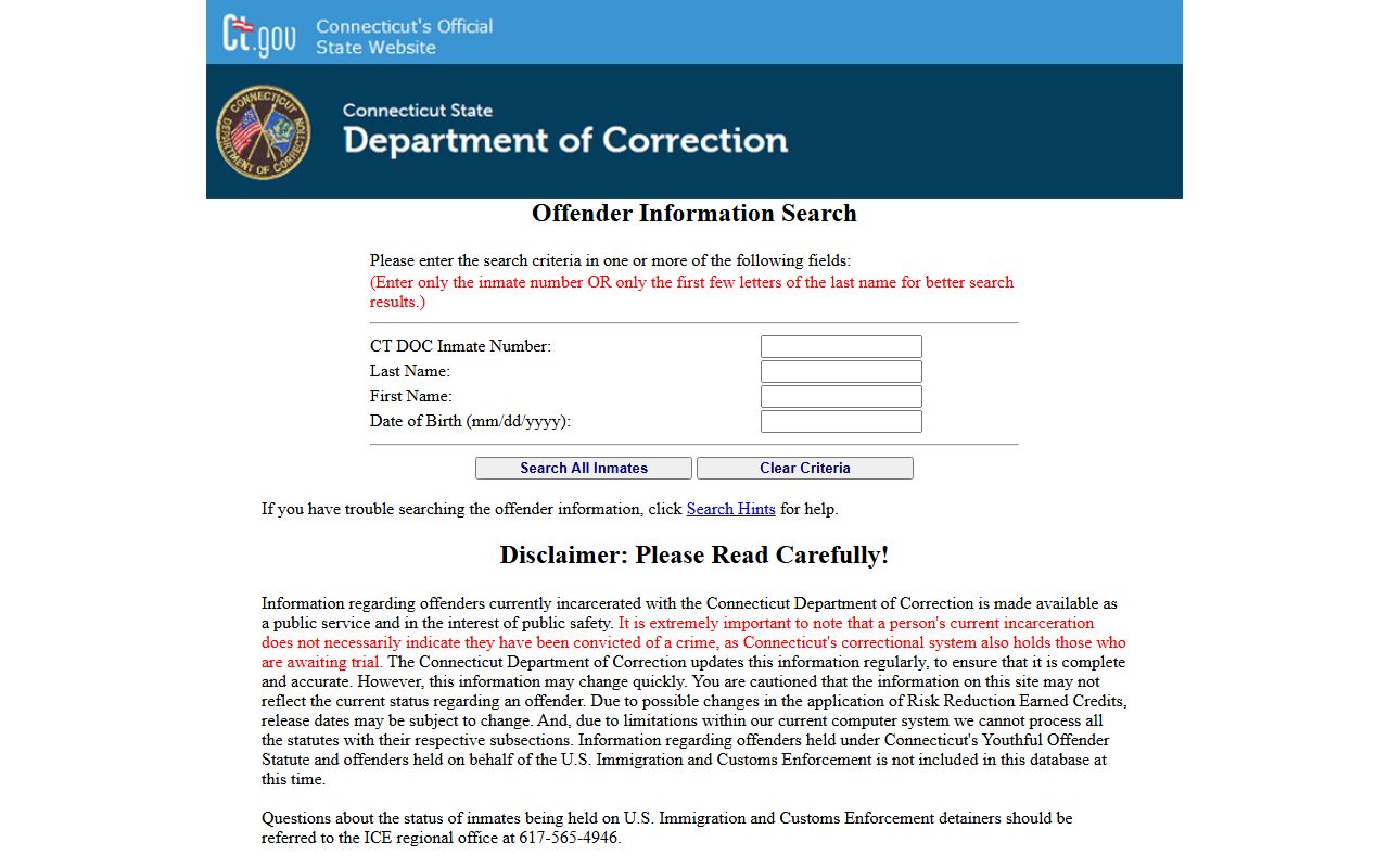 CT DOC inmate information search used for Danbury area custody records
