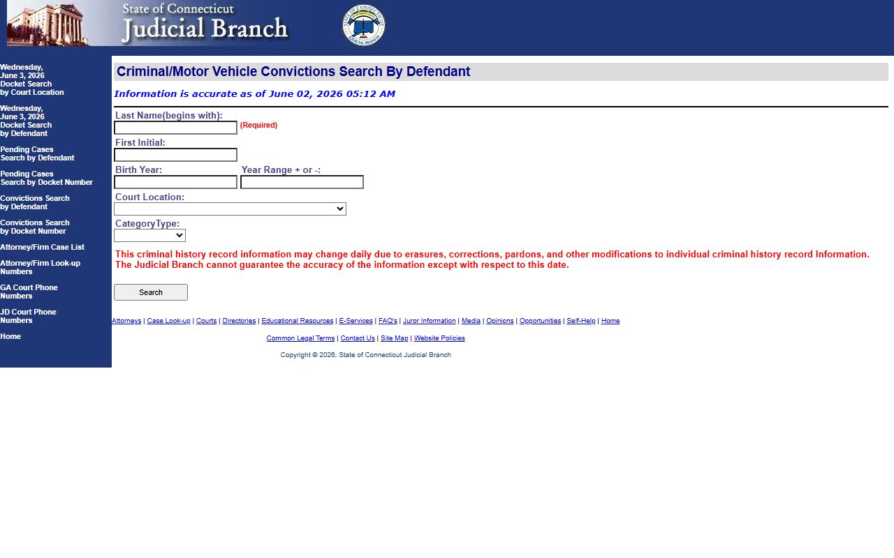 Danbury County criminal conviction court records lookup form on the Connecticut Judicial Branch site