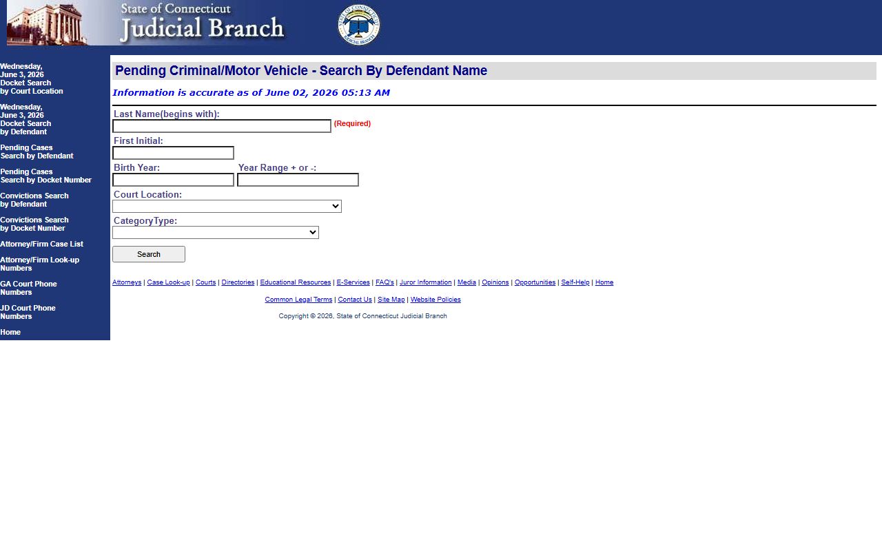 Danbury County pending criminal court records search form on the Connecticut Judicial Branch site