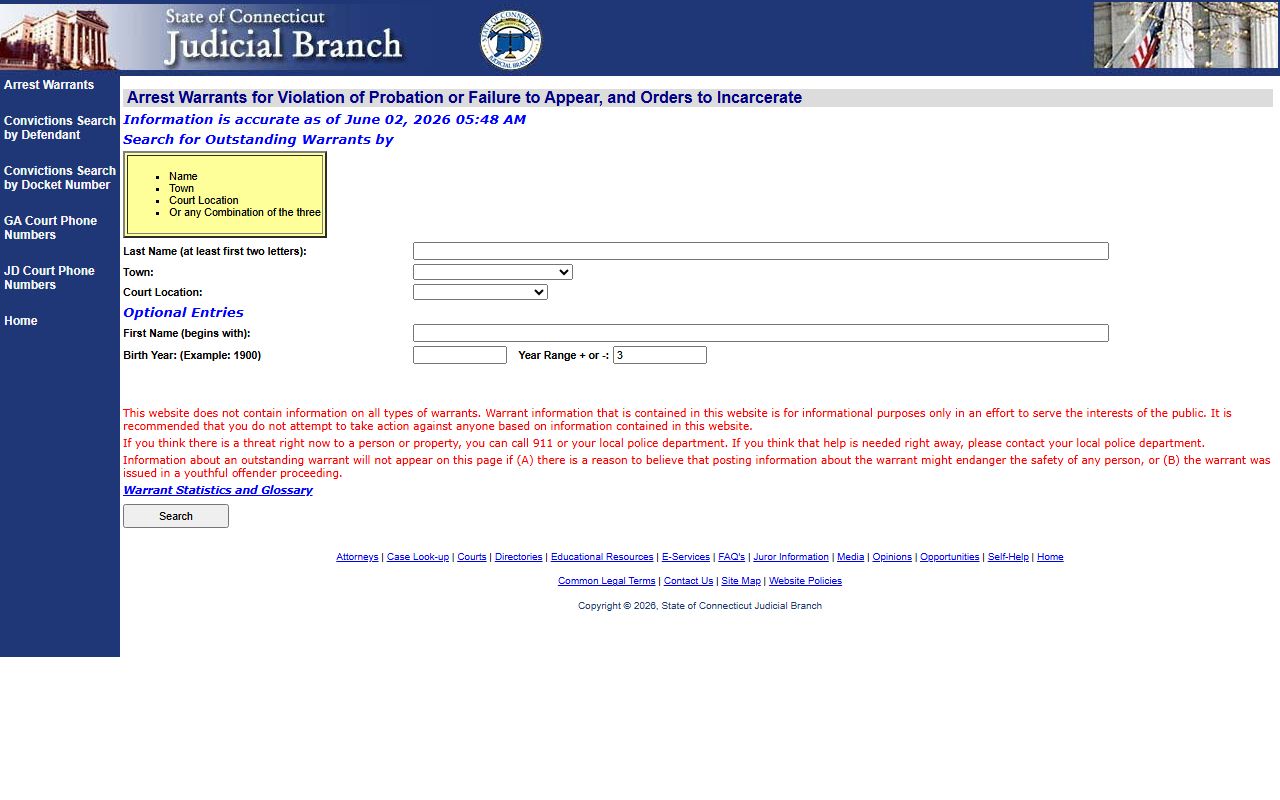 Danbury County warrant and court records search for violation of probation on the Connecticut Judicial Branch site