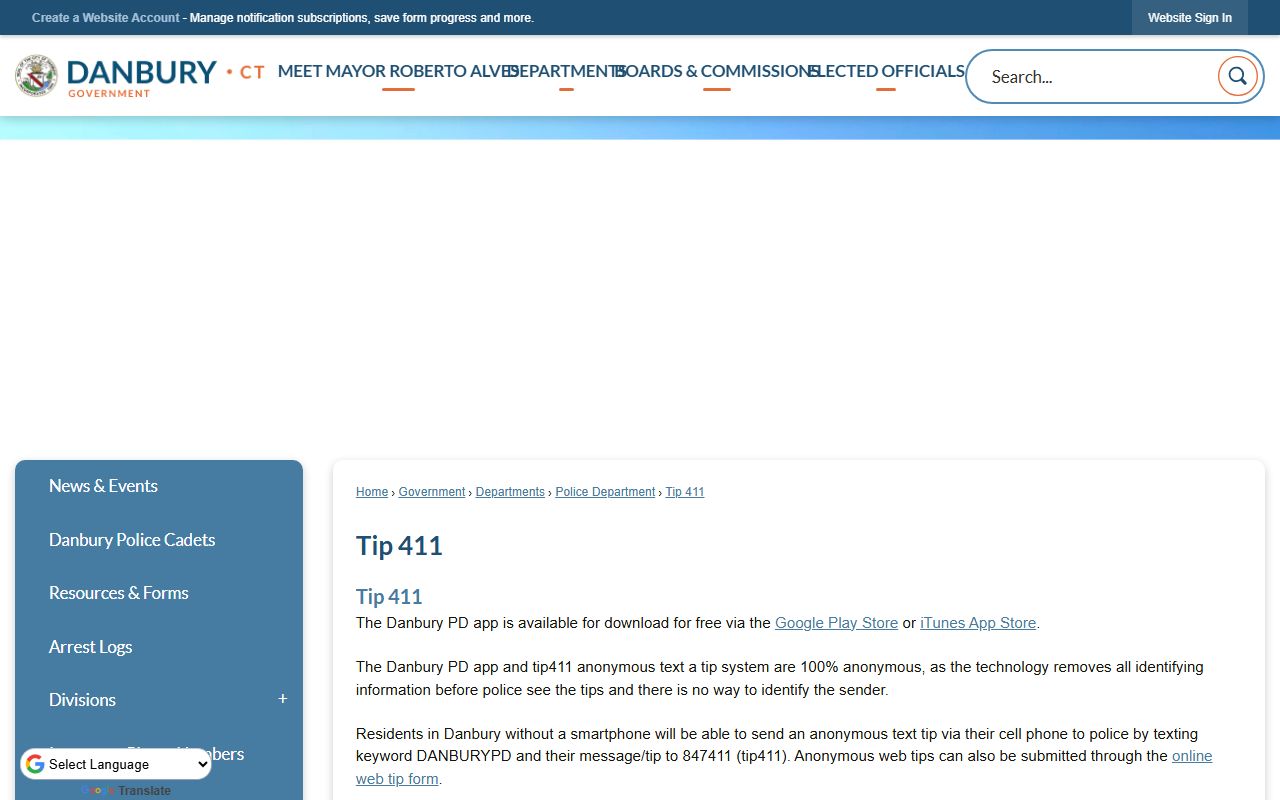 Danbury PD Tip411 app page showing anonymous tips, not an inmate arrest roster