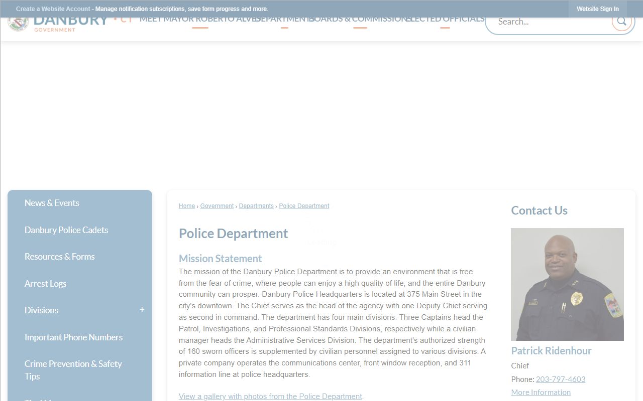 Danbury Police Department official page showing where Danbury arrest records and inmate information start