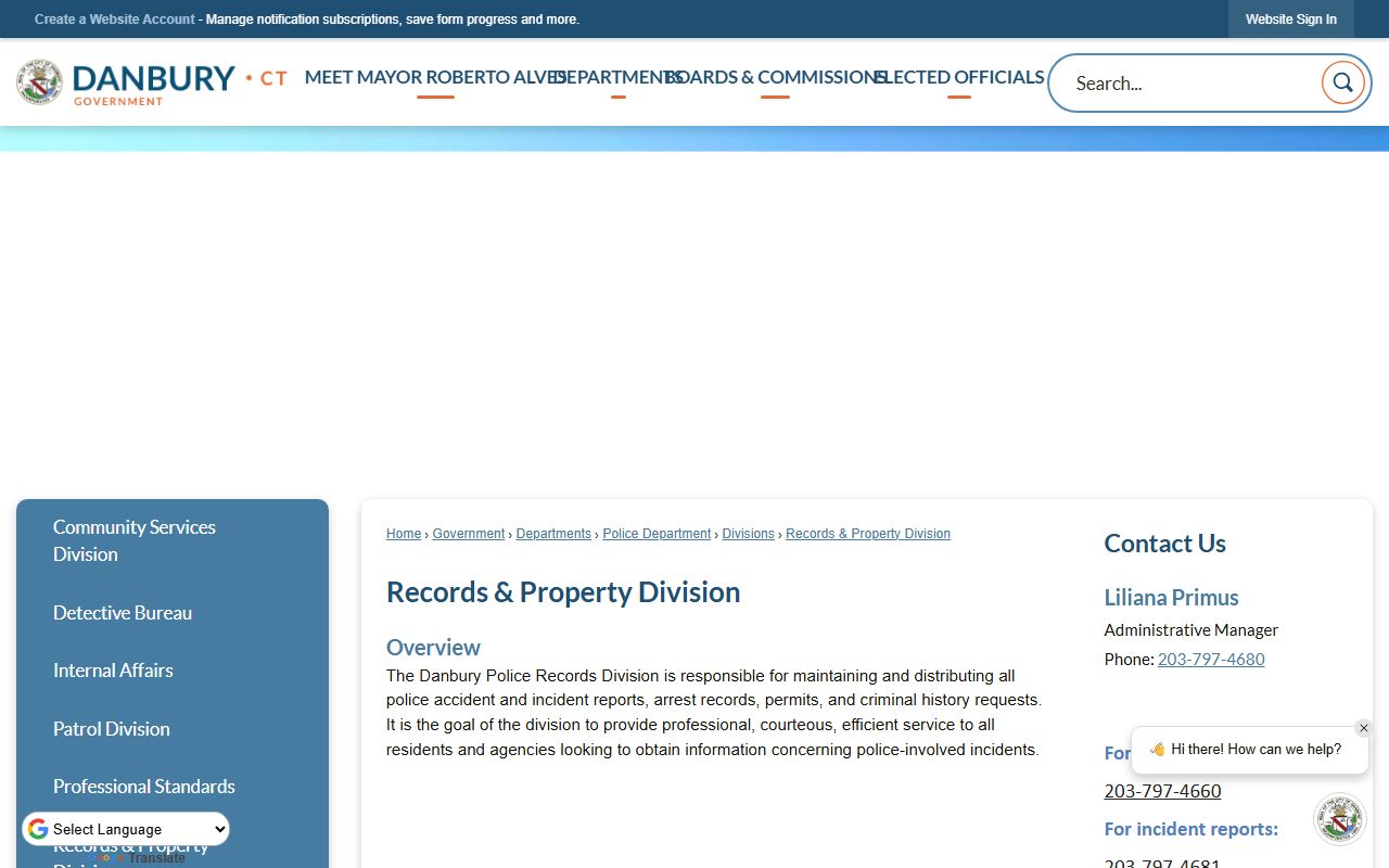 Danbury Police Records and Property Division page used to request booking photos and mugshot records