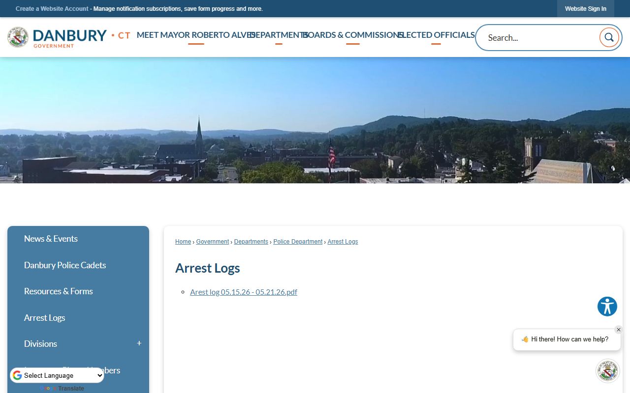 Danbury Police arrest logs page showing the weekly arrest record PDF link