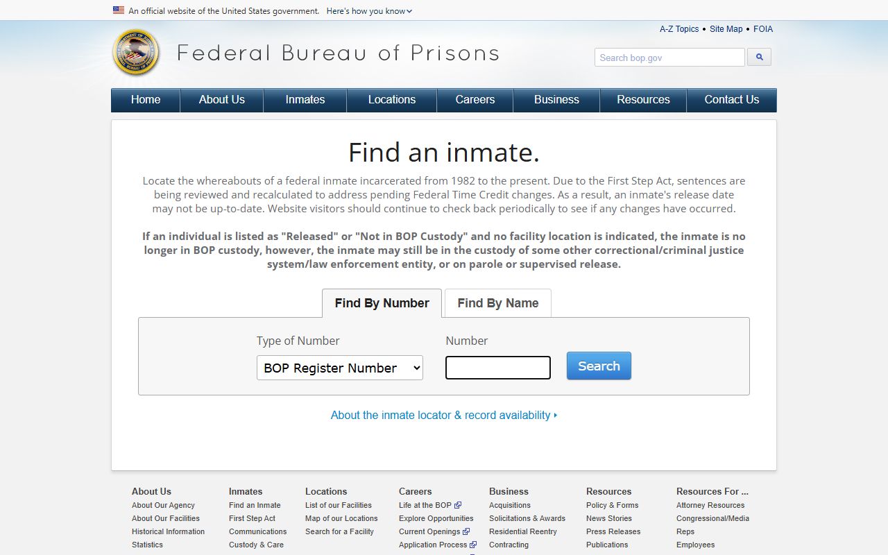 BOP federal inmate locator search page used to find an FCI Danbury inmate by name or register number
