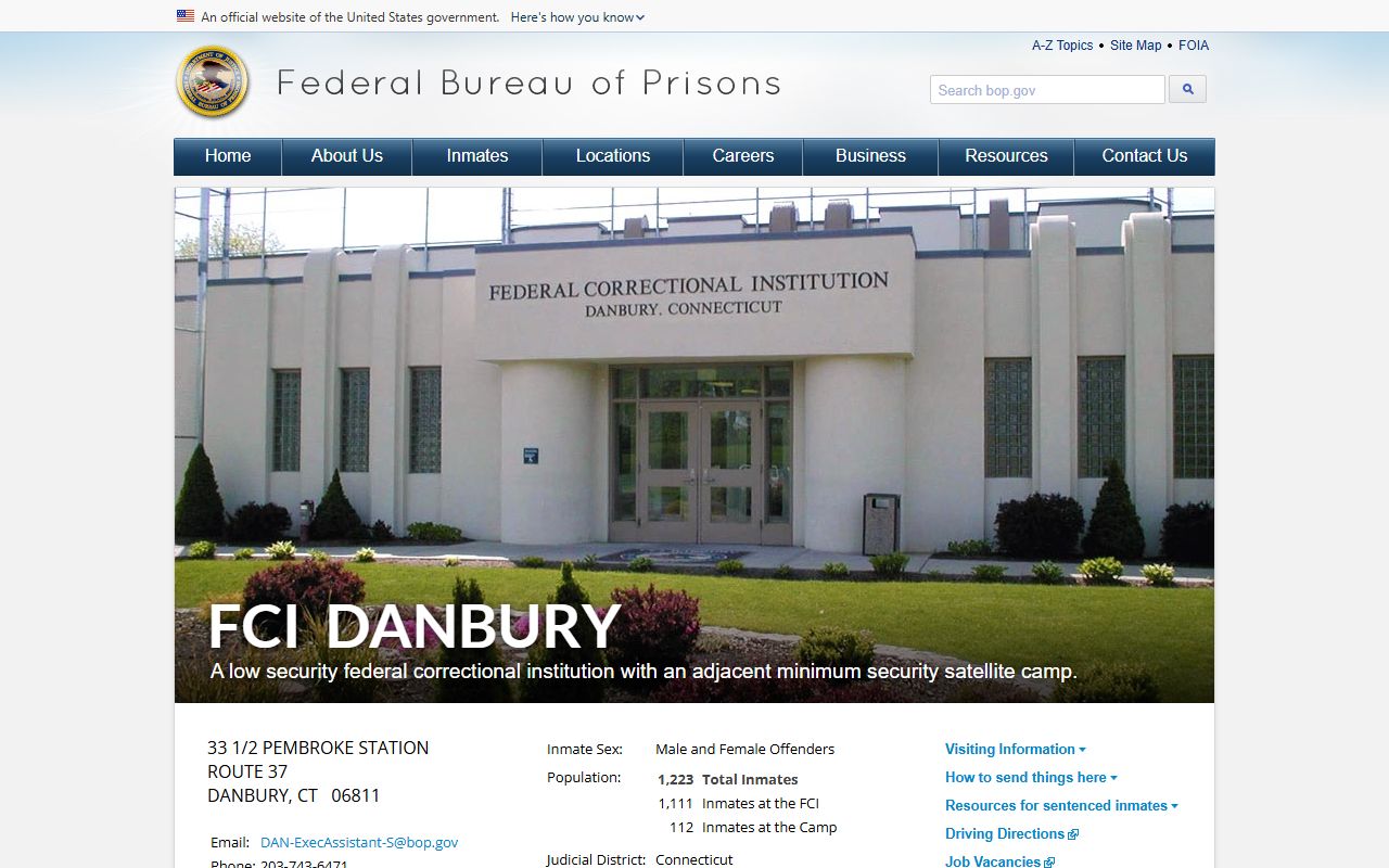 Federal Bureau of Prisons FCI Danbury facility page used to look up federal inmate and custody information